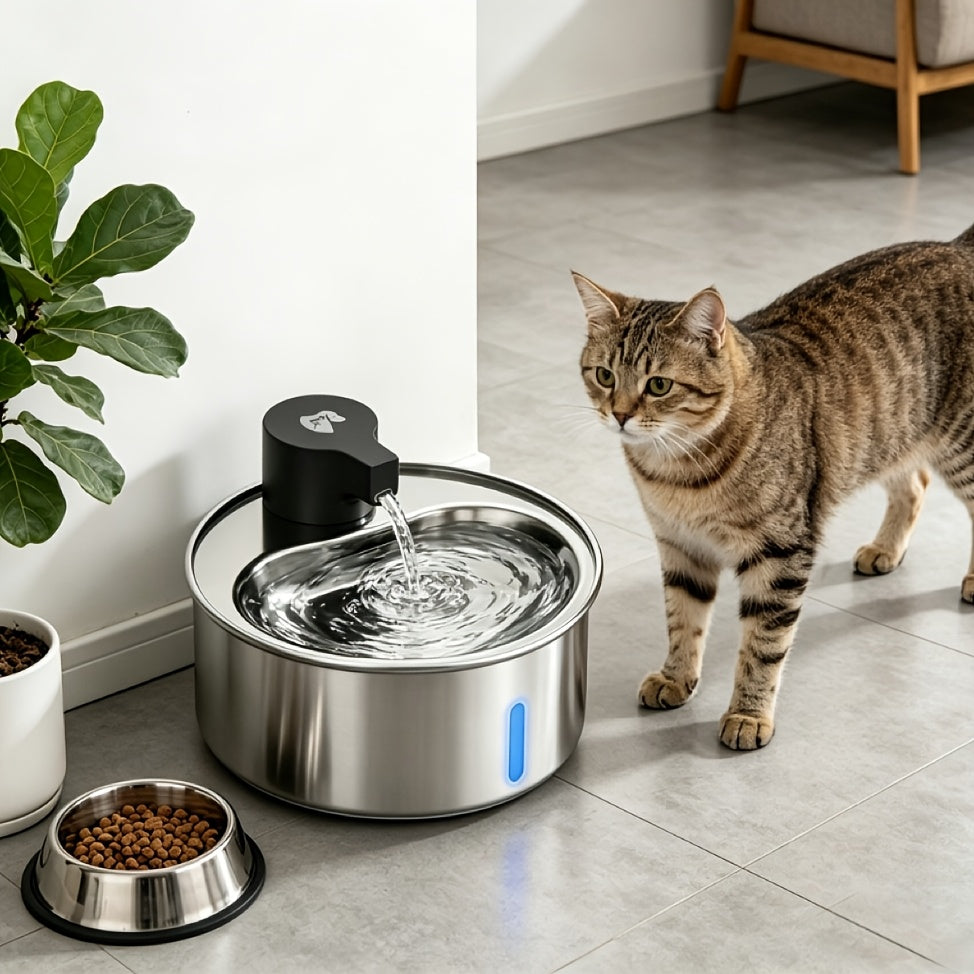 5L Stainless Steel Cat Water Fountain with Water Level Window and Red Blue LED Indicators, Quiet Pet Drinking Dispenser for Dogs and Cats with 2, 5 or 8 Filters