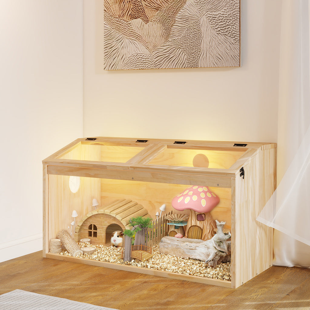 Hamster Habitat Wooden Cage with Clear Acrylic Front, Openable Top and Side Locks, 31.5-Inch Small Pet Enclosure in Natural or Burlywood