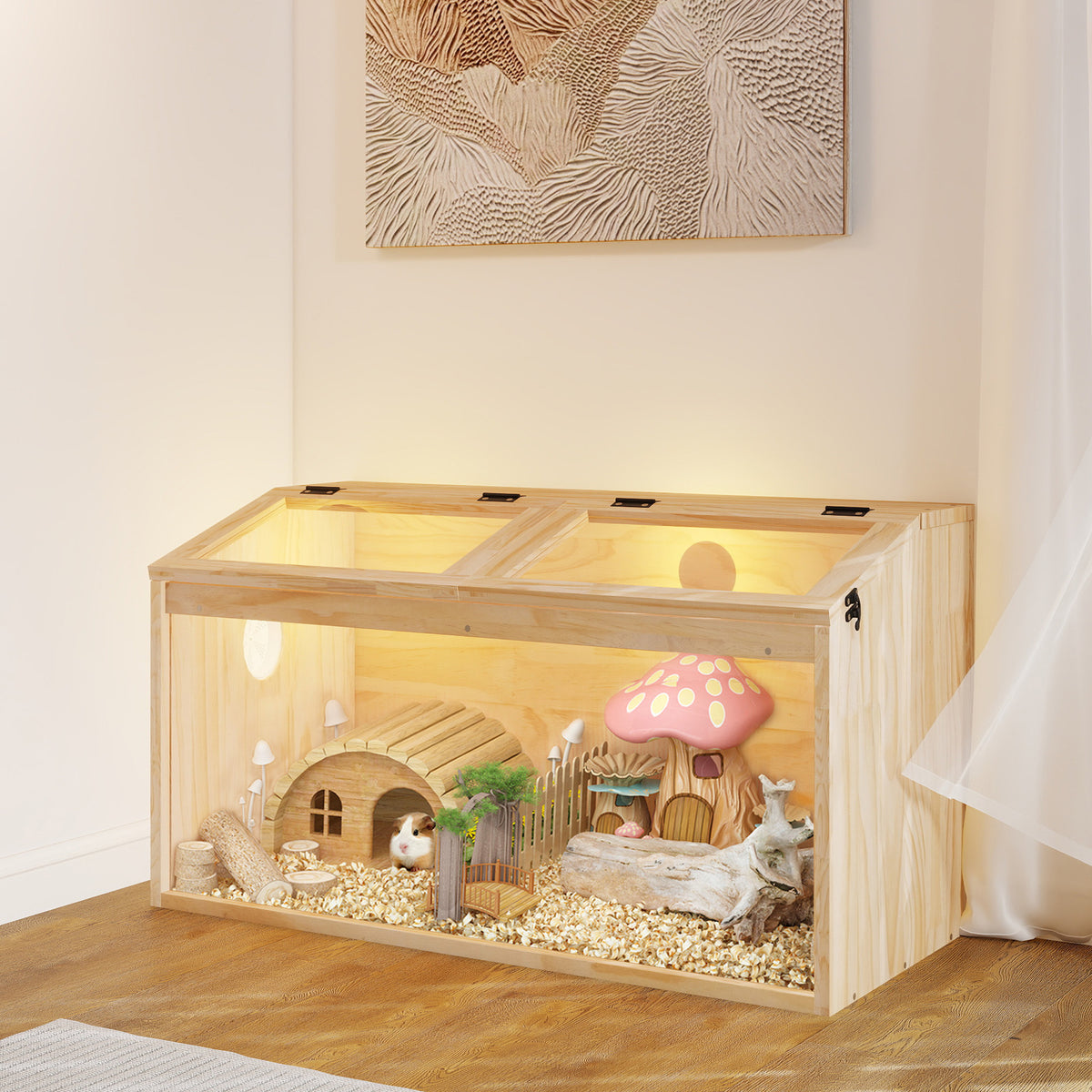 Hamster Habitat Wooden Cage with Clear Acrylic Front, Openable Top and Side Locks, 31.5-Inch Small Pet Enclosure in Natural or Burlywood