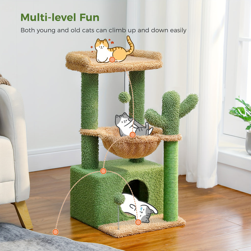 Cat Tower with Deep Hammock and Top Perch, 4-in-1 Indoor Cat Tree Listing with Condo and Scratching Post, Color and Size-Labeled Model Options