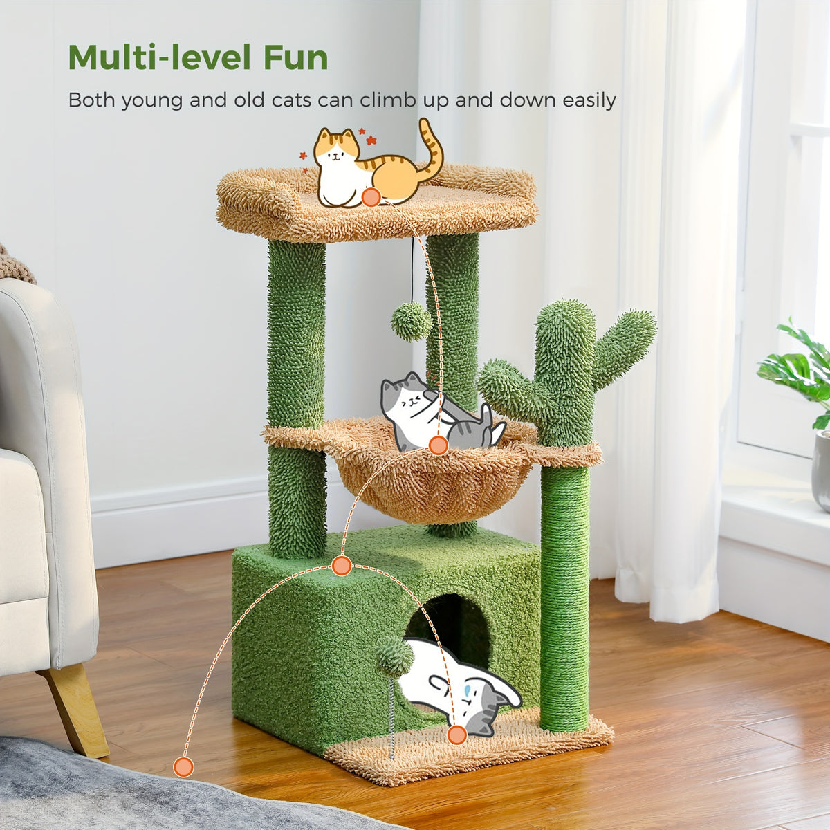Cat Tower with Deep Hammock and Top Perch, 4-in-1 Indoor Cat Tree Listing with Condo and Scratching Post, Color and Size-Labeled Model Options