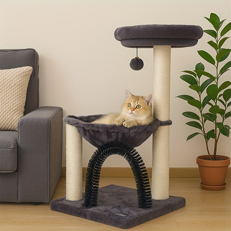 Cat Tree for Kittens and Small Cats, 27.8-Inch Gray Indoor Tower with Plush Basket, Top Perch, Scratching Posts and Dangling Ball Toy