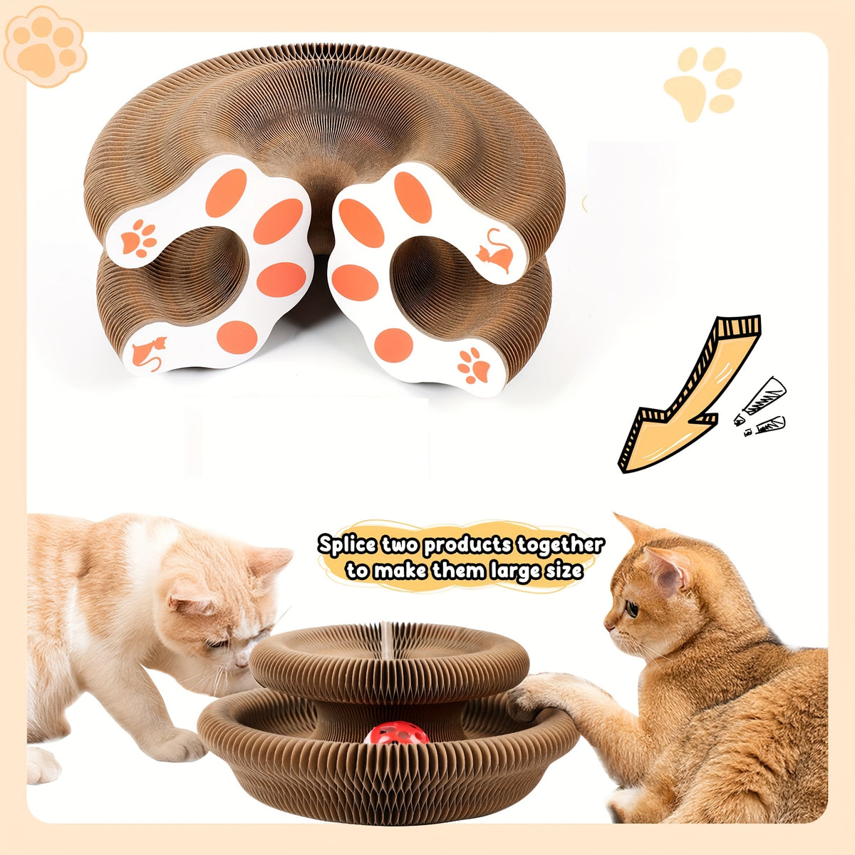 Accordion Cat Scratcher with Ball Track, Foldable Corrugated Cardboard Scratching Pad for Indoor Cats, Brown with Bell Bundle Option