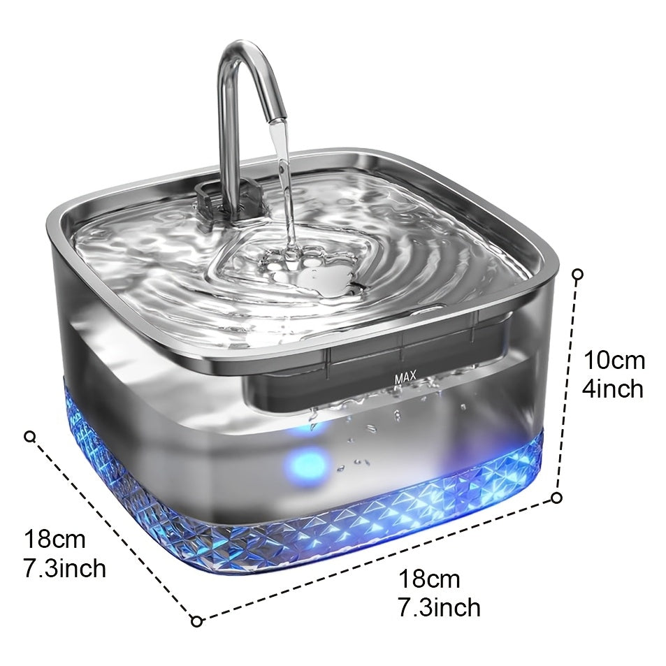 Cat Drinking Fountain 2.2L with Stainless Steel Lid and LED Light, Quiet Automatic Pet Water Dispenser for Indoor Cats and Small Dogs, Filter Bundle Options