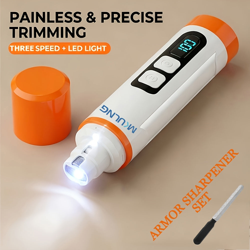 3-Speed Rechargeable Dog Nail Grinder with LED Light, Quiet Electric Pet Nail File for At-Home Paw Grooming with Model-Specific Grinding Head Options