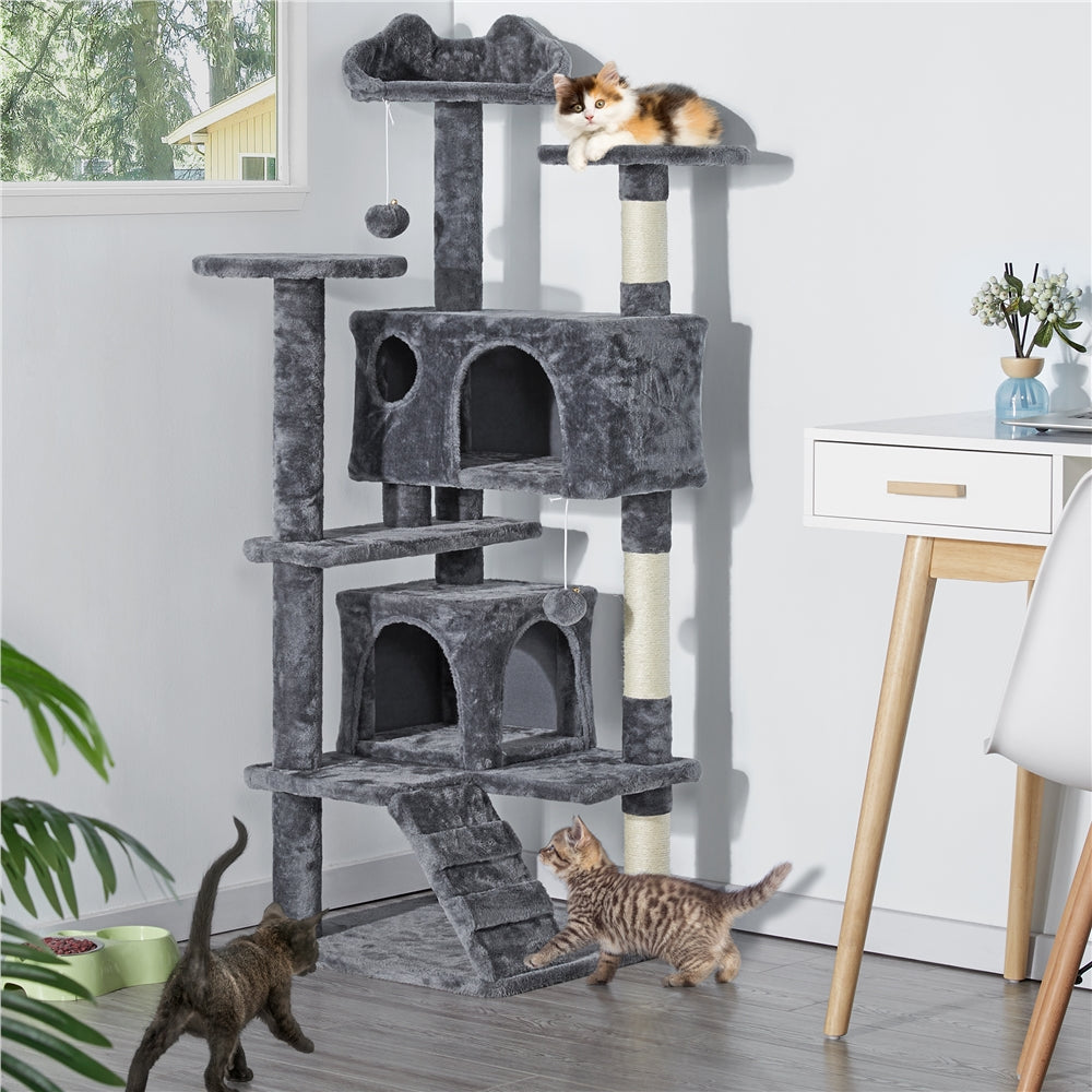 Cat Tree with Twin Hideaways, 54 or 62 Inch Dark Gray Indoor Cat Tower with Two Condos, Three Scratching Posts and Dangling Balls for Play and Rest