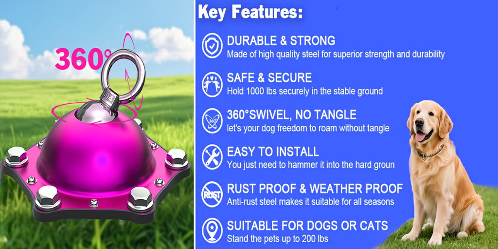 Swivel Dog Tie Out Stake with 15ft or 25ft Cable Options, 360 Degree Rotating Ground Anchor for Supervised Yard and Camping Use, Stake-Only Option