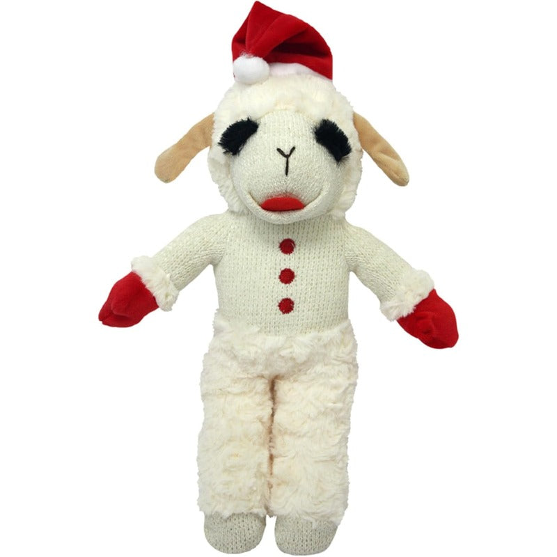 Christmas Lamb Dog Toy with Squeaker, Soft 10.5 Inch Plush Sheep with Holiday Hat and Red Paws for Supervised Gentle Play and Dog Gift Baskets