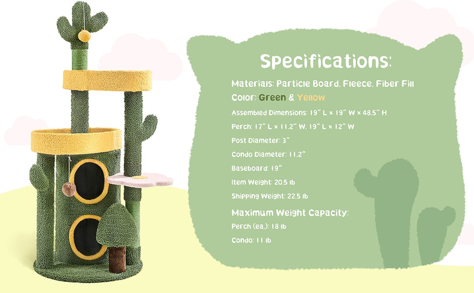 Cactus Cat Tree 48.5 Inch, Oasis-Themed Fleece Cat Tower with 3 Perches, Condo, Scratching Posts and Toys for Small Medium Indoor Cats, Green Yellow