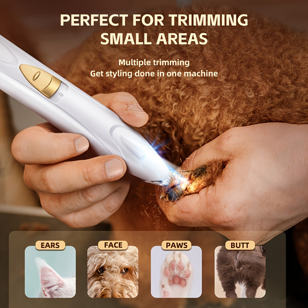 Dog Paw Hair Trimmer with LED Light, White USB Rechargeable Low-Noise Mini Pet Clippers with Narrow Head for Dog and Cat Grooming Touch-Ups