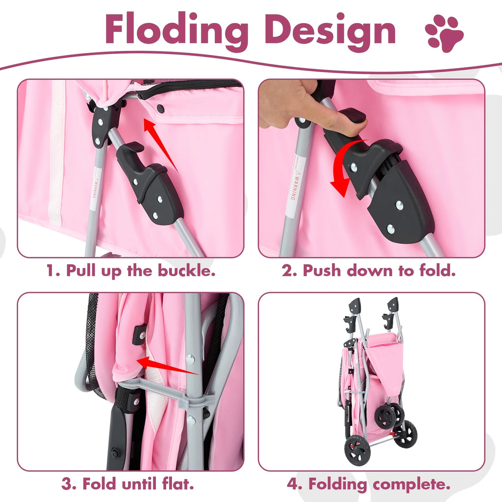 Pink Pet Stroller for Small Dogs and Cats, Lightweight Three-Wheel Foldable Travel Carrier with Breathable Mesh, Storage Basket and Cup Holder