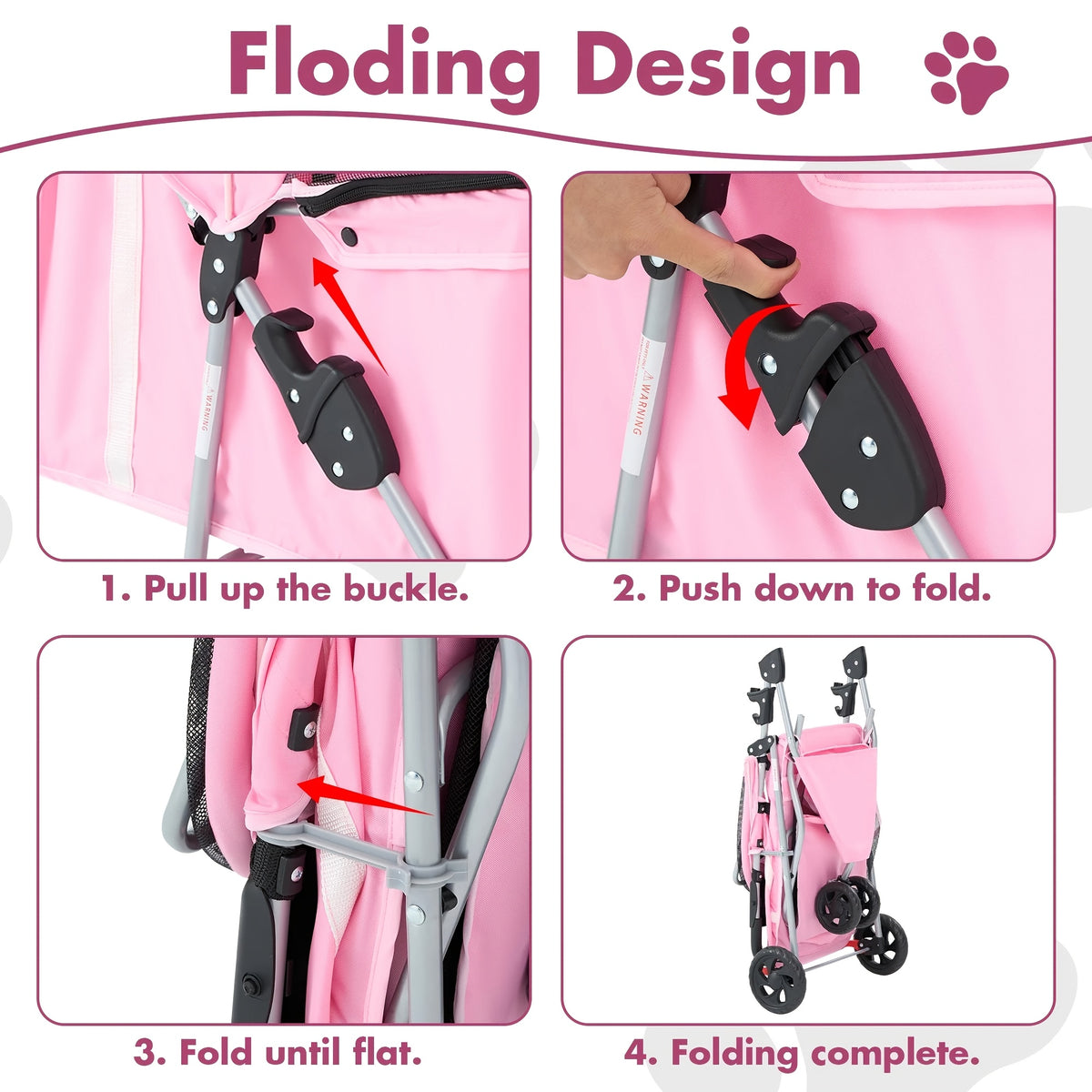 Pink Pet Stroller for Small Dogs and Cats, Lightweight Three-Wheel Foldable Travel Carrier with Breathable Mesh, Storage Basket and Cup Holder