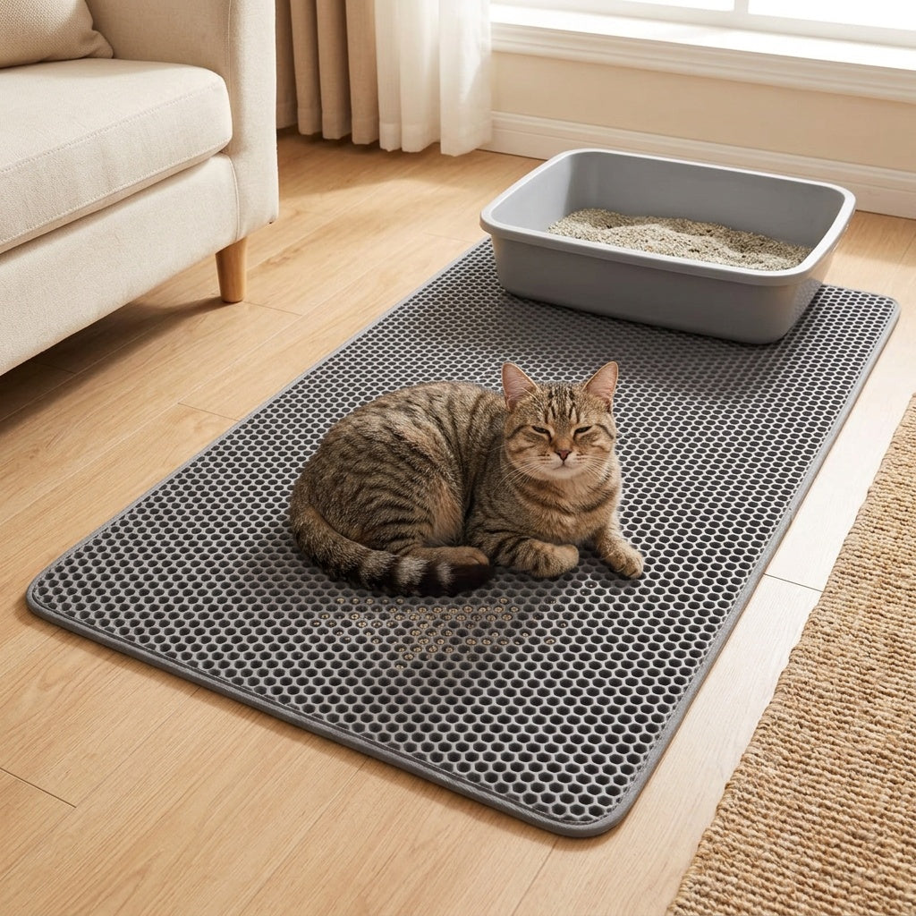 Honeycomb Litter Mat for Cats, Extra Large 27.6 x 47.2 Inch Gray Double-Layer EVA Litter Catcher with Non-Slip Design for Multi-Cat Homes