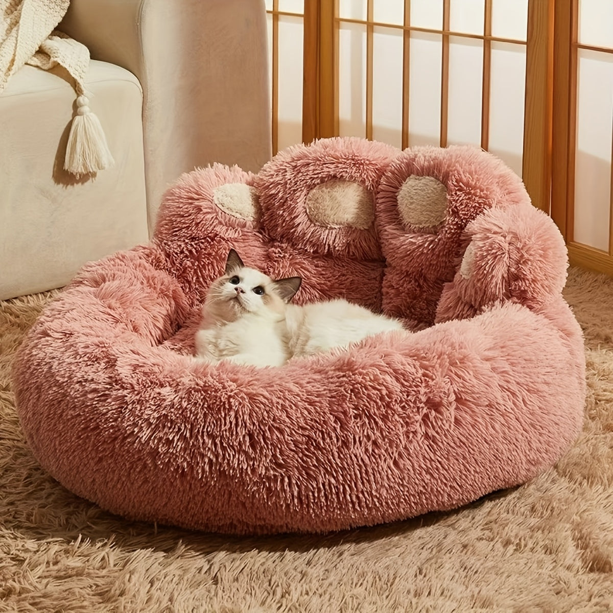 Dog Bed with Bear Paw Bolsters, Thick Plush Cat Sleeping Cushion with Non-Slip Bottom, Pink Grey or Coffee in 60cm, 70cm and 100cm Sizes