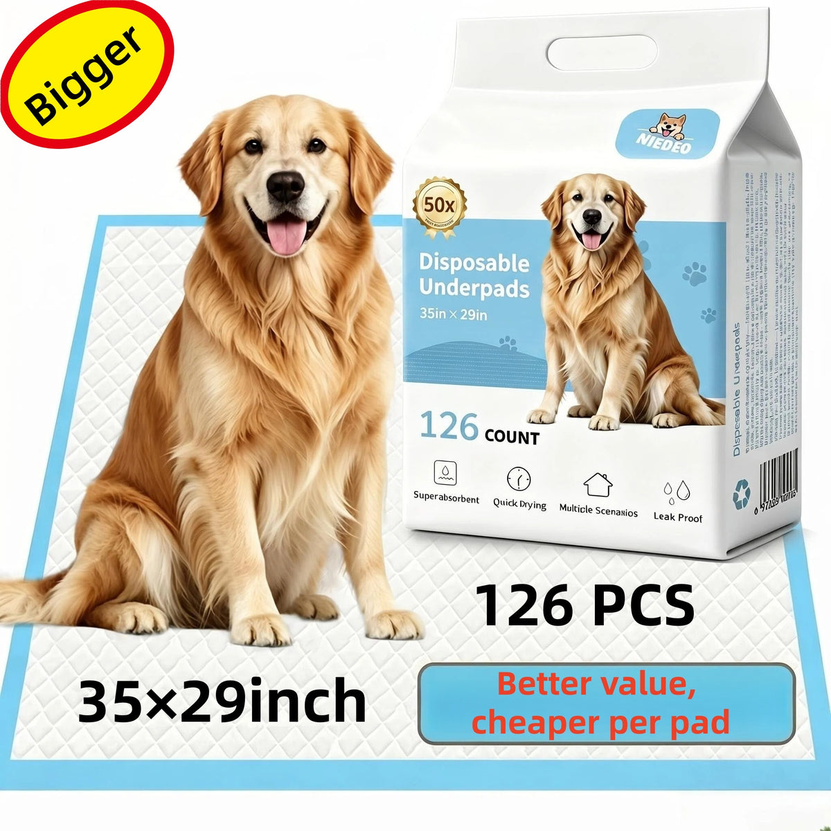 Disposable Dog Pee Pads 35 x 29 Inch, 126 Count XXXL Absorbent Puppy Training Pads with Leak-Proof Protection and Odor Control for Indoor Accidents