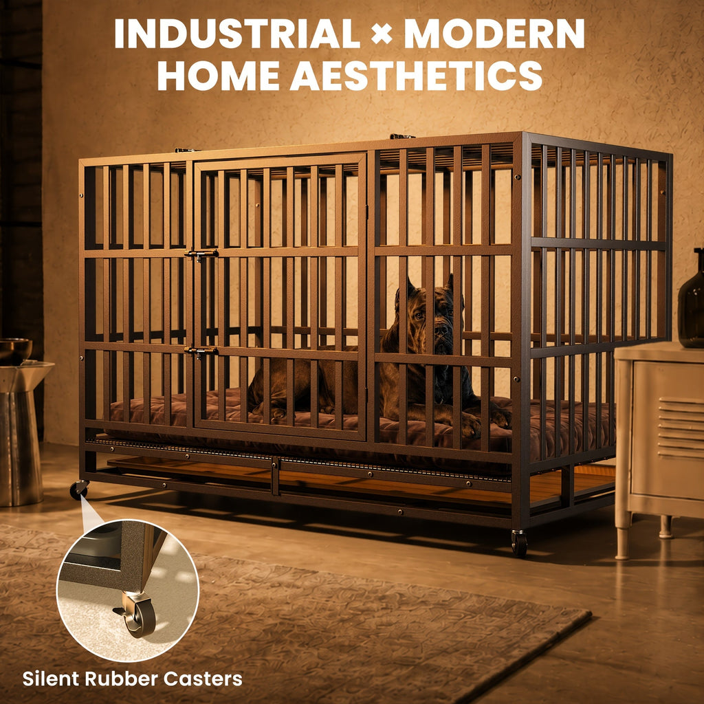 Heavy Duty Dog Crate with Top Opening, Black Steel Kennel in 42 or 48 Inch Models with Front Door, Lockable Wheels and Removable Cleaning Tray