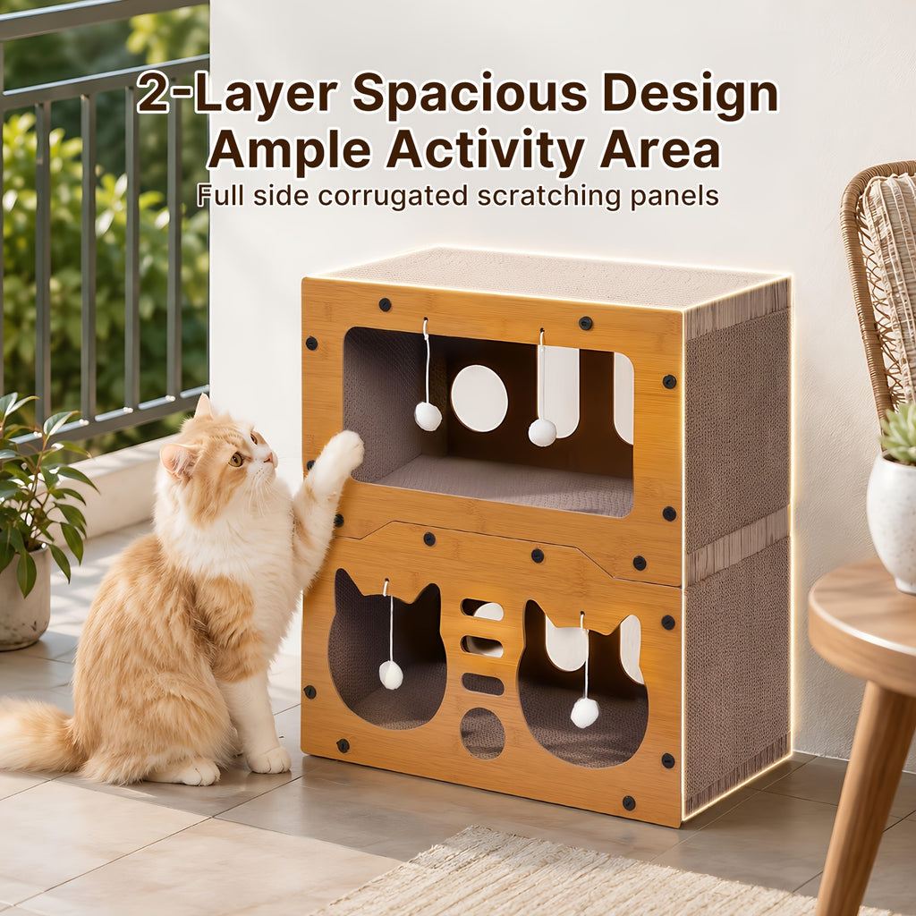 Cardboard Cat House with Scratching Board and Pompom Toy, Indoor Cat Hideout Bed for Scratching and Resting, Single or Double Layer Options