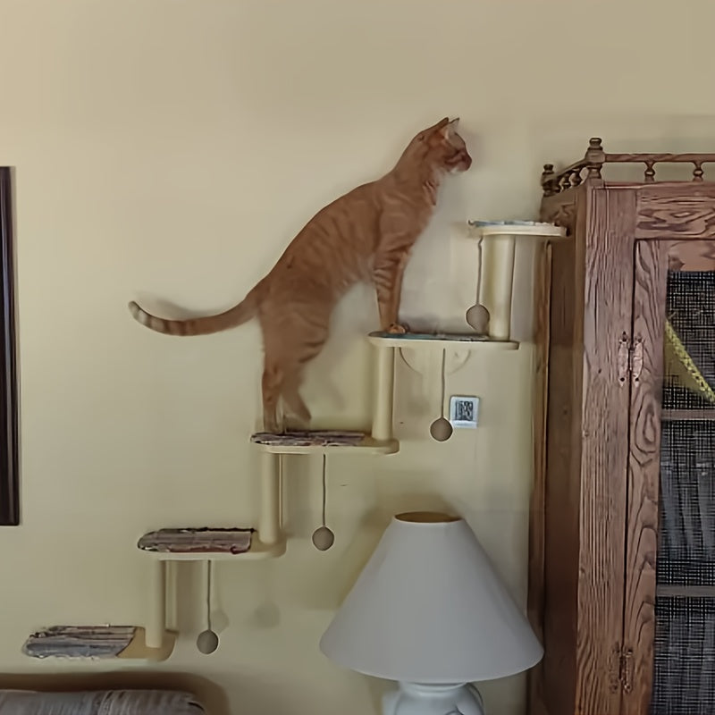 Cat Wall Climbing Frame with 3 or 5 Levels, Solid Wood Wall-Mounted Cat Furniture for Indoor Scratching and Play, Optional Hammock Combination