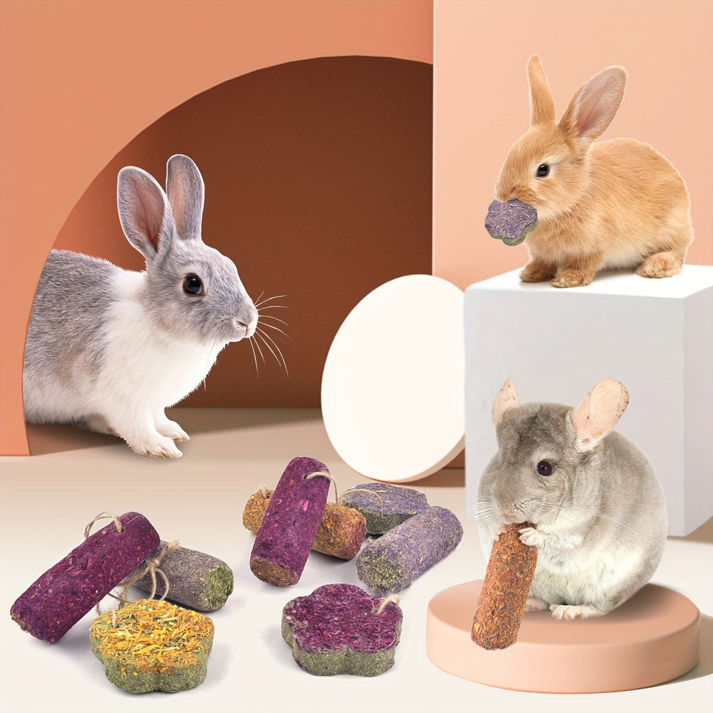 Rabbit Chew Cakes and Sticks 12 Pack, Hanging Timothy Hay Treats with Listed Rose and Chrysanthemum, Flower and Cylinder Shapes for Small Pet Enrichment