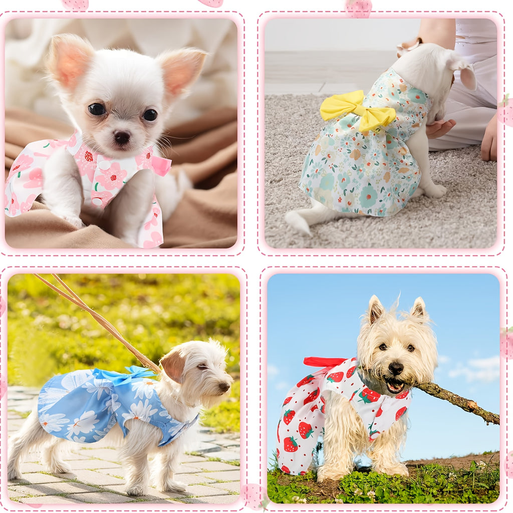 Small Dog Dress Set, 5-Style Floral and Bow Princess Puppy Clothes for Summer Dress-Up, Birthday Photos and Pet Parties, Pink XS–XXL