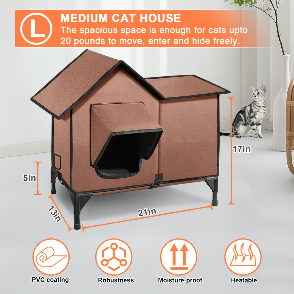 Heated Cat House with Removable Heating Pad and Elevated Bed, Brown 3-in-1 Cat Cave Shelter with Chew-Resistant Power Cord, L or XXL