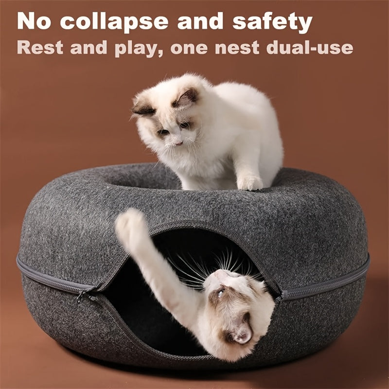 Donut Cat Tunnel Bed for Indoor Cats, Round Hideaway Nest with Pom-Pom Toys, 20 or 24 Inch Cat Cave in Light Gray or Dark Gray