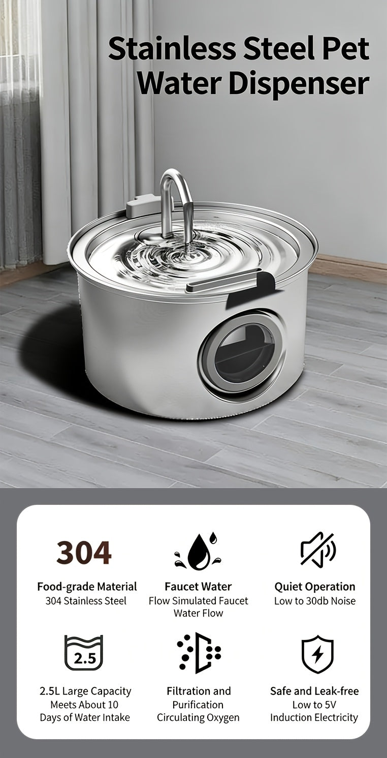 Dog Water Fountain 74oz 2.2L, Quiet 304 Stainless Steel Pet Drinking Dispenser with Large Water Level Window, Easy-Clean Design and Filter Bundle Options