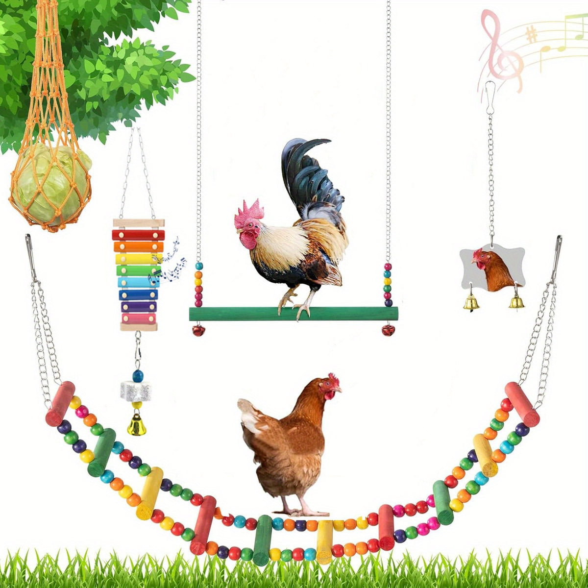 Chicken Coop Toy Set in 5 or 9 Piece Options, Hanging Poultry Enrichment Accessories for Backyard Hens, Coop Activity and Chicken Keeper Gifts