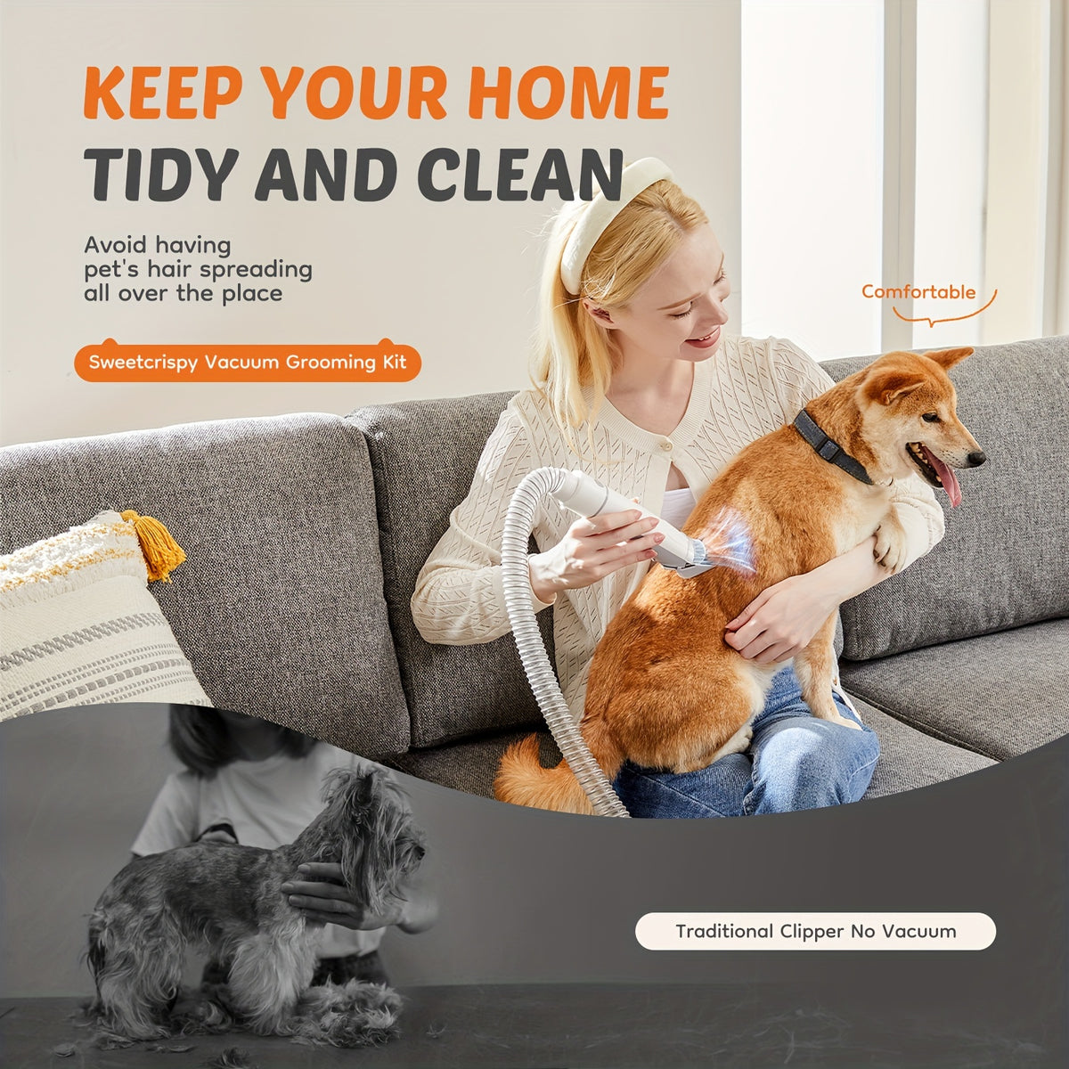 Pet Hair Grooming Vacuum Kit, 5-in-1 Dog and Cat Clippers with 6 Guide Combs, Adjustable Suction and Brushes for At-Home Coat Care
