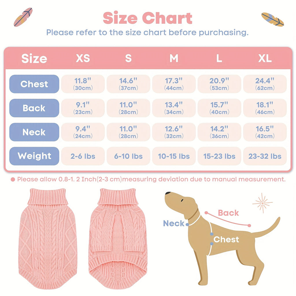 Cable Knit Dog Sweater with Turtleneck and Long Sleeves, Soft Warm Pullover for Small to Medium Dogs, Five Colors and XS-XL Sizes