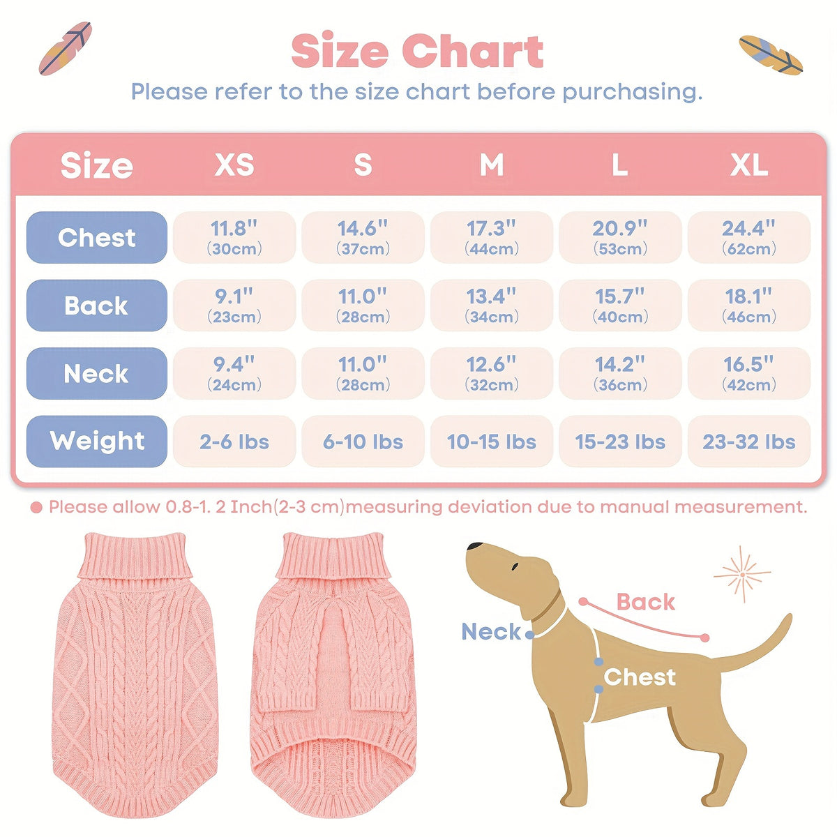 Cable Knit Dog Sweater with Turtleneck and Long Sleeves, Soft Warm Pullover for Small to Medium Dogs, Five Colors and XS-XL Sizes
