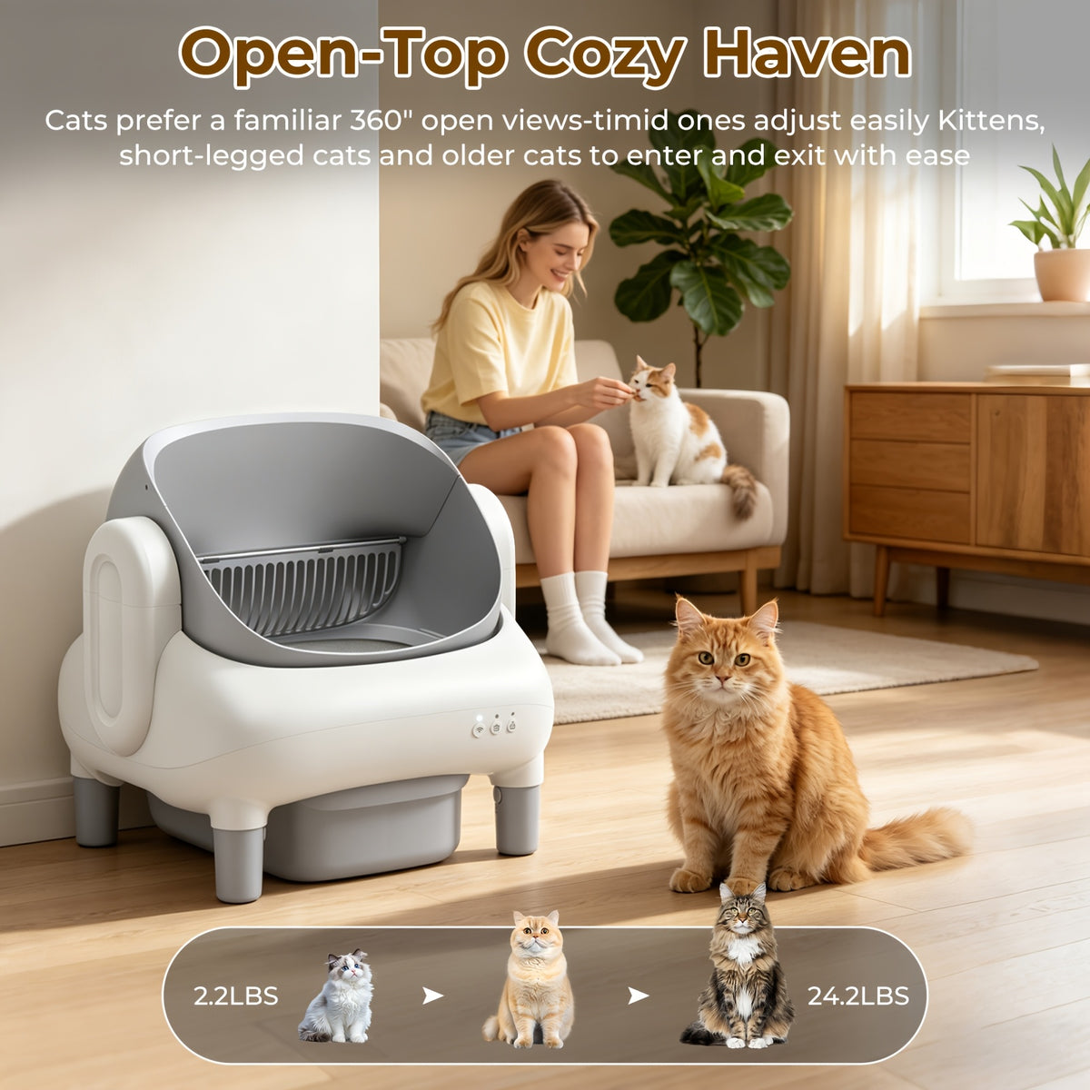 Self Cleaning Litter Box, ECORUI Certified Refurbished Open-Top Automatic Cat Toilet with App Control for Multiple Cats, Light Gray