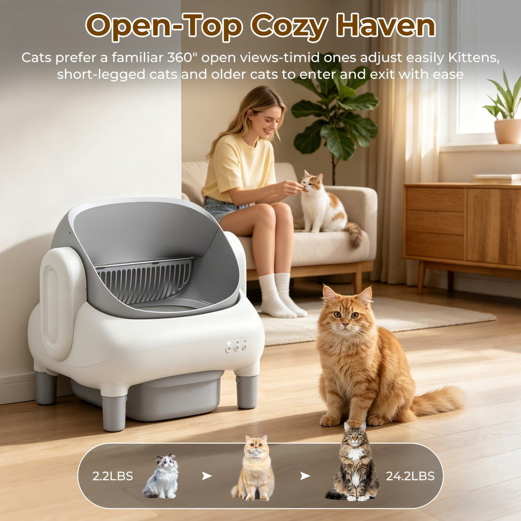 Self Cleaning Litter Box, ECORUI Certified Refurbished Open-Top Automatic Cat Toilet with App Control for Multiple Cats, Light Gray