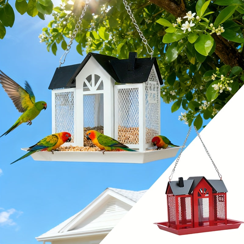 Metal Mesh Wild Bird Feeder with Triple Feeding Areas, Large Capacity Backyard Feeding Station with Black Roof and White or Red Wall Options