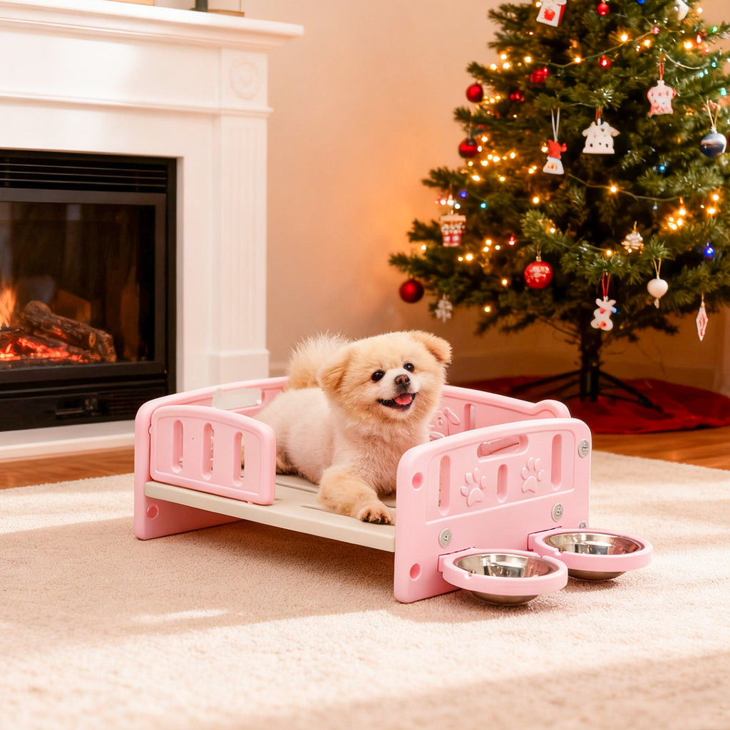 Elevated Dog Bed with Feeding Bowls, Plush Mat and Front Entry, Pink or Blue Pet Sofa with Paw-Print Side Panels for Small to Medium Dogs