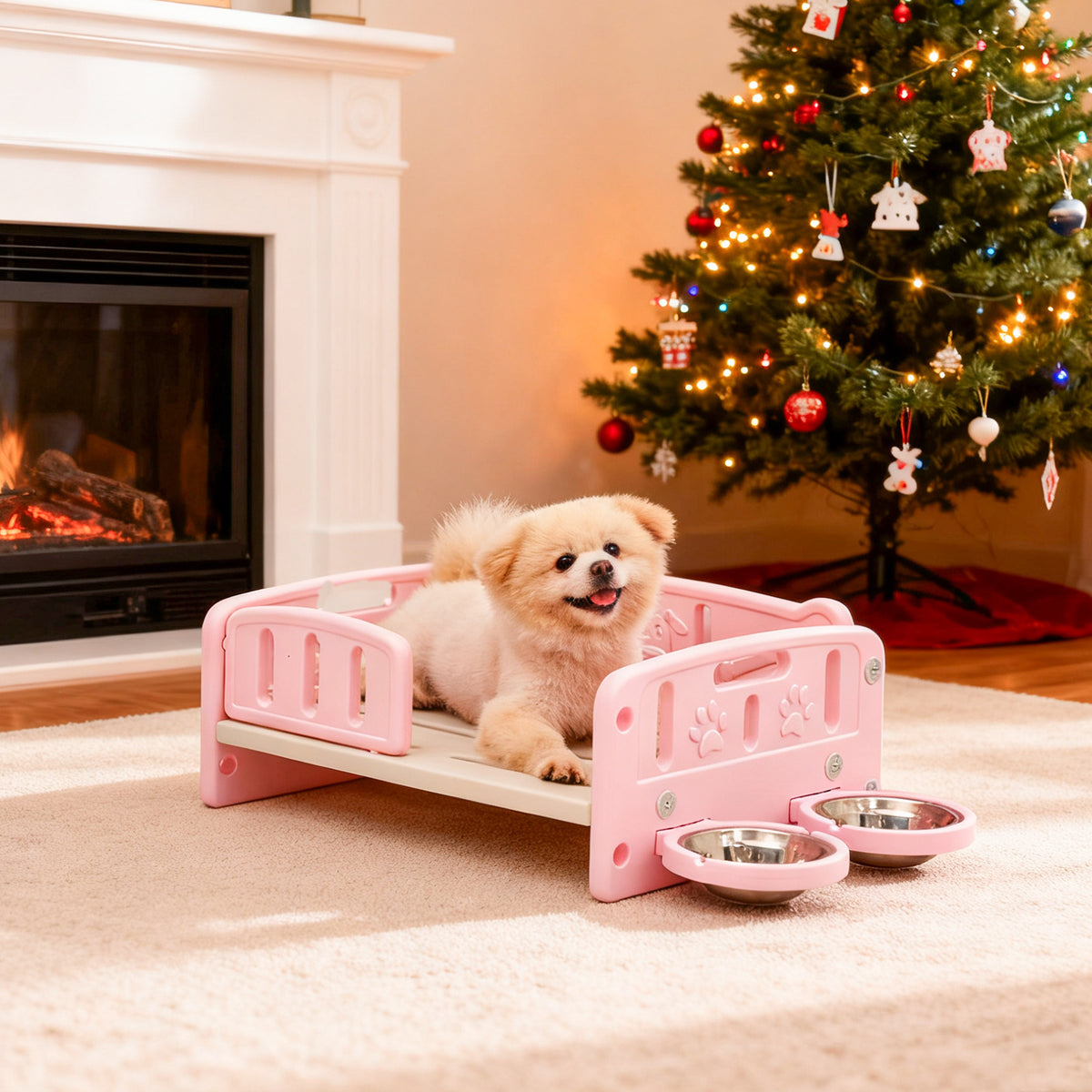Elevated Dog Bed with Feeding Bowls, Plush Mat and Front Entry, Pink or Blue Pet Sofa with Paw-Print Side Panels for Small to Medium Dogs