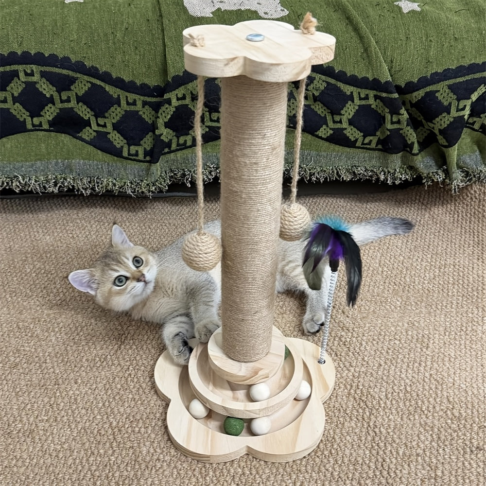 4-in-1 Cat Scratching Post with Wooden Ball Track, Sisal Scratcher with Six Wooden Balls, Feather Teaser and Hanging Toys for Indoor Cats