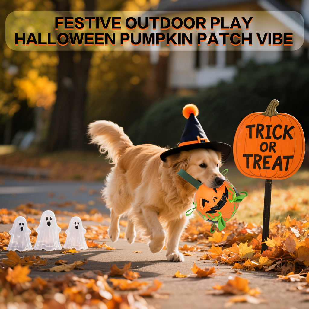 Halloween Pumpkin Dog Ball with Grab Tabs, Orange Jack-O-Lantern Fetch Toy with Carry Strap for Interactive Outdoor Play and Seasonal Pet Gifts