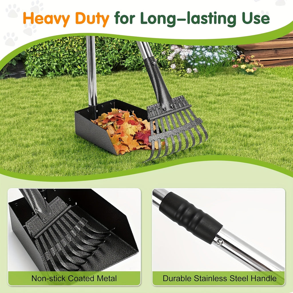 Dog Pooper Scooper Tray and Rake Set, Stainless Steel Pet Waste Removal Tools with Adjustable Handles for Everyday Yard Cleanup