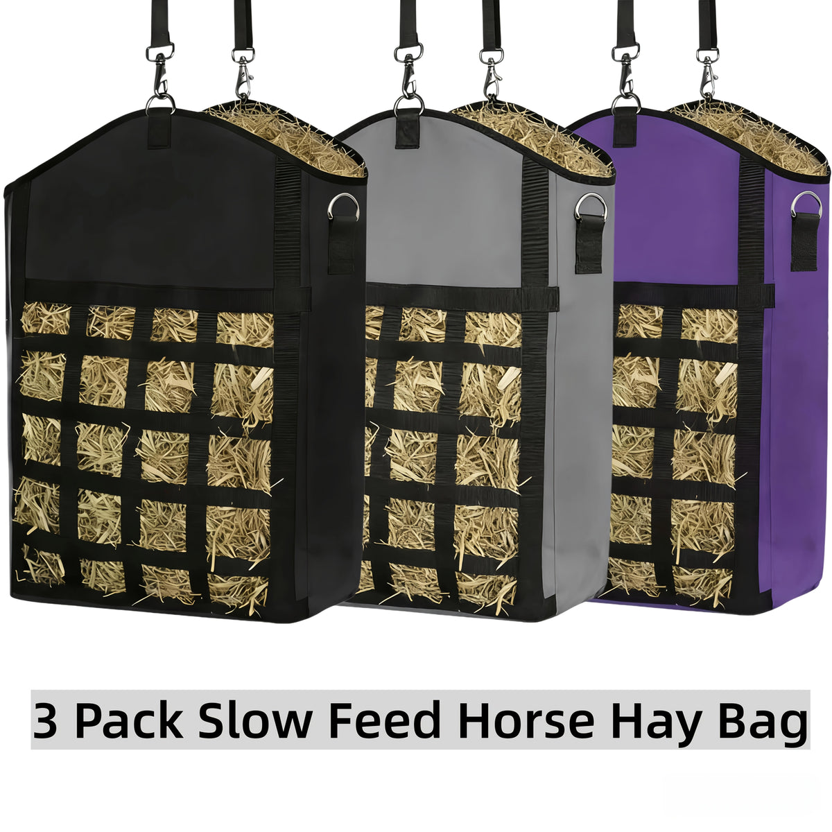 Hanging Hay Feeder Bag for Horses, Goats and Sheep, Open-Top Forage Holder with Grid Feeding Panel for Barn Stalls, Fences and Trailers