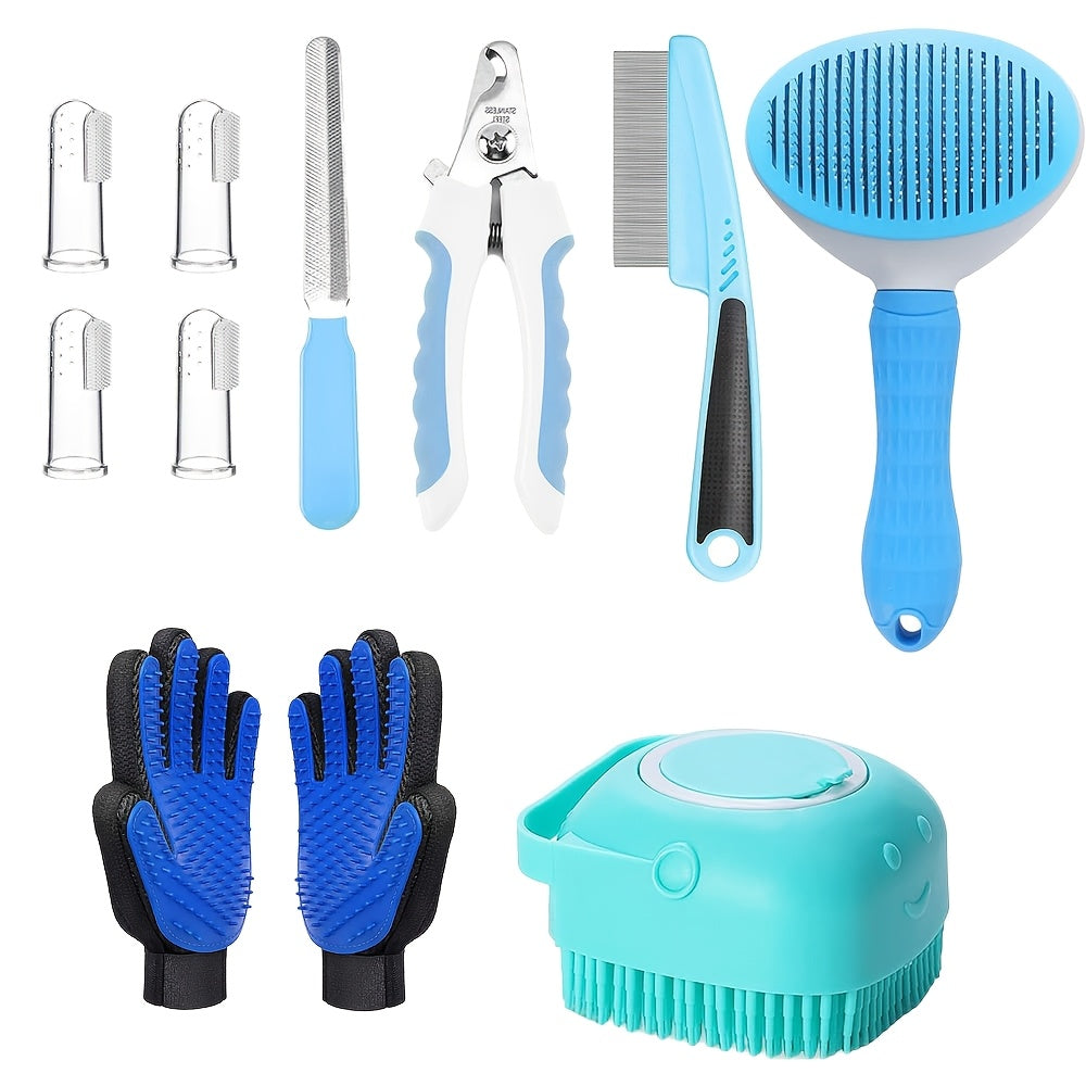 Dog and Cat Grooming Kit, 9 or 11 Piece Pet Care Set with Self-Cleaning Brush, Nail Clippers, Comb and Bath Tools in Pink or Blue