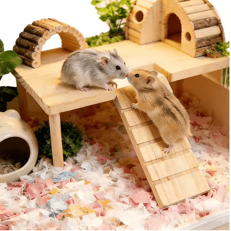 Hamster Climbing Platform with Ladder, Wooden Raised Cage Shelf and Underneath Hideaway Space for Golden Hamster Habitat Enrichment