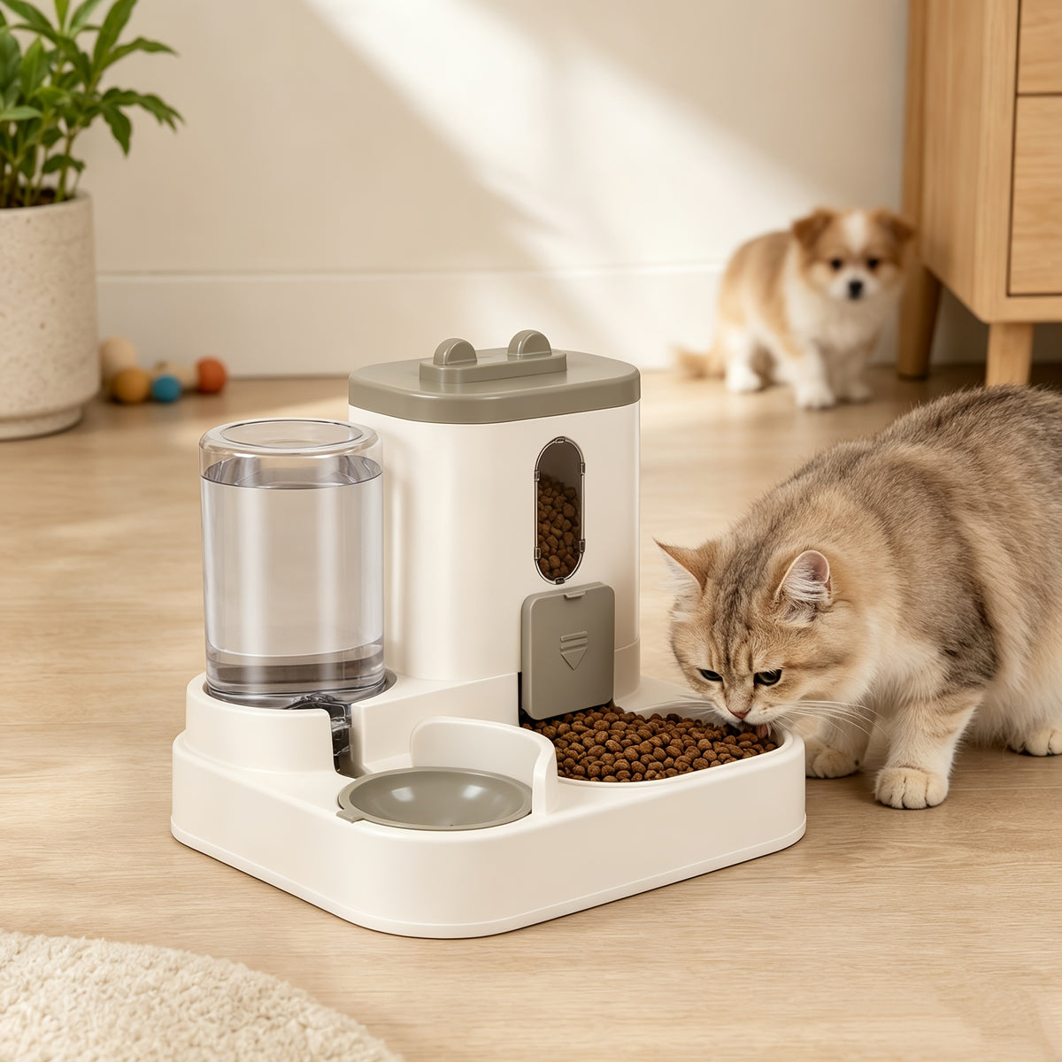 Automatic Pet Feeder 2-in-1 for Cats and Dogs, Non-Electric Space-Saving Feeding Station for Daily Pet Care in Pink, Grey or Light Yellow