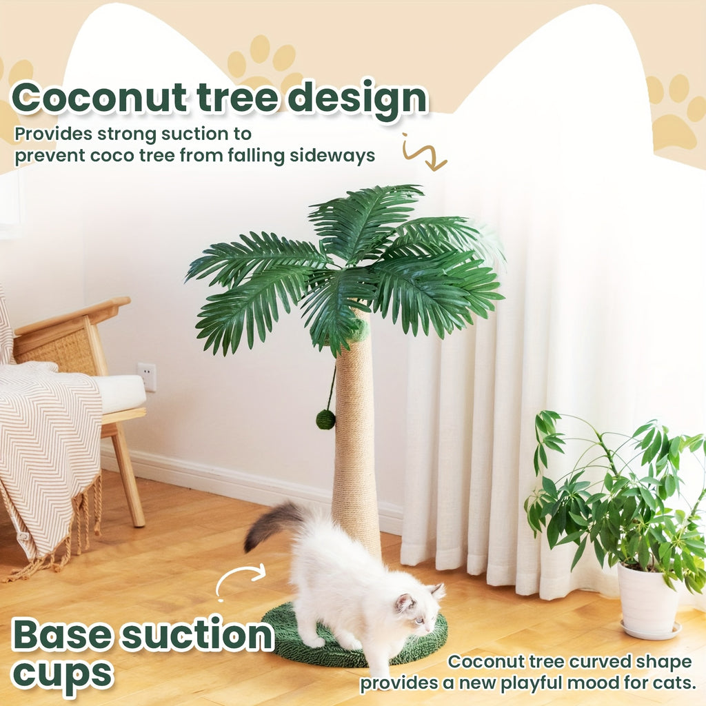 Coconut Tree Cat Scratching Post 43 Inch, Tall Sisal Scratcher with Three Hanging Pom-Pom Toys and Soft Fabric Round Base for Indoor Cats