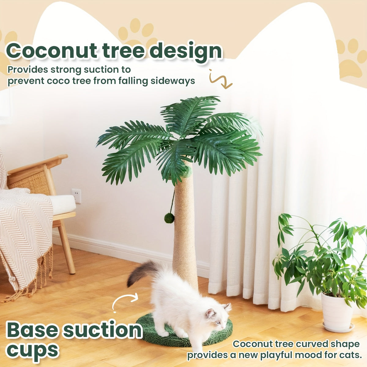 Coconut Tree Cat Scratching Post 43 Inch, Tall Sisal Scratcher with Three Hanging Pom-Pom Toys and Soft Fabric Round Base for Indoor Cats