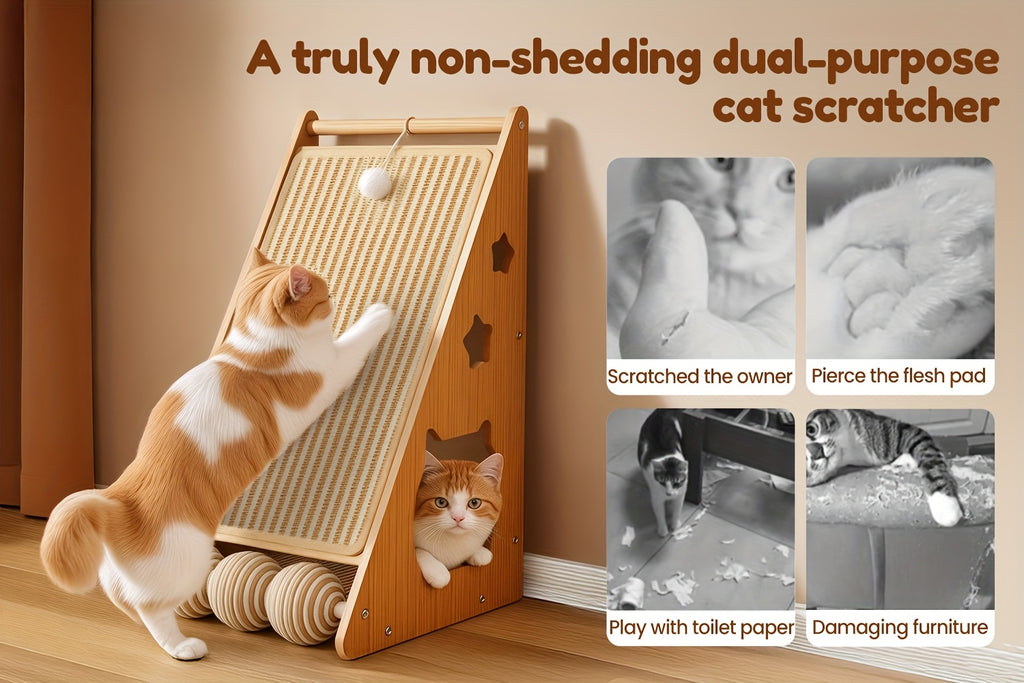 Cat Scratching Board with Sisal Pads and 3 Teaser Balls, 27-Inch Listed Indoor Cat Scratcher for Everyday Claw Scratching and Interactive Play