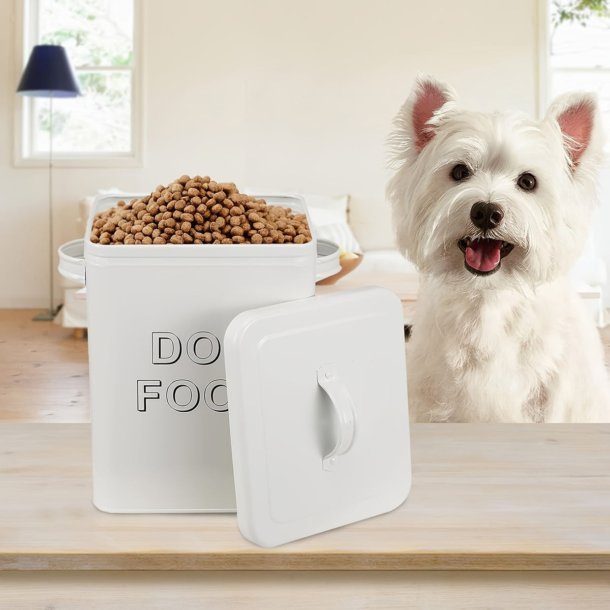 Dog Food Storage Canister with Scoop and Lid, Square Metal Farmhouse Container for Dry Pet Food, Treats and Kitchen Countertop Organization