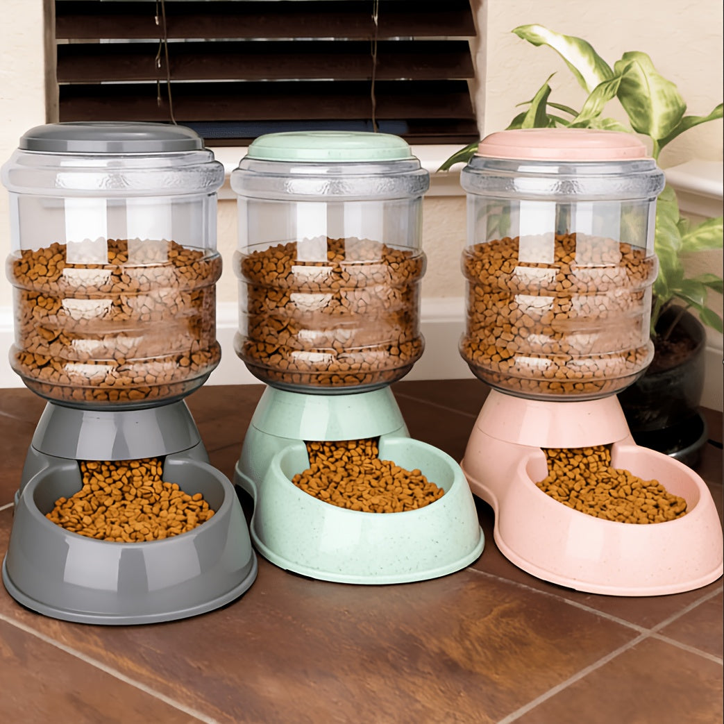 Gravity Pet Feeder or Waterer in Gray, Battery-Free Food Dispenser or 1 Gallon Water Bowl with Visible Reservoir for Indoor Dog and Cat Care