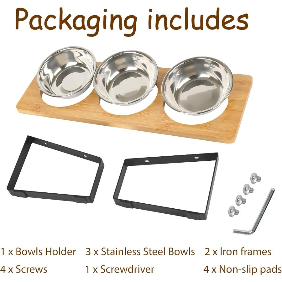 Cat Feeding Station with 3 Stainless Steel Bowls, 15° Tilted Elevated Wooden Rack for Indoor Cat Food and Water, Easy-Clean Dining Set