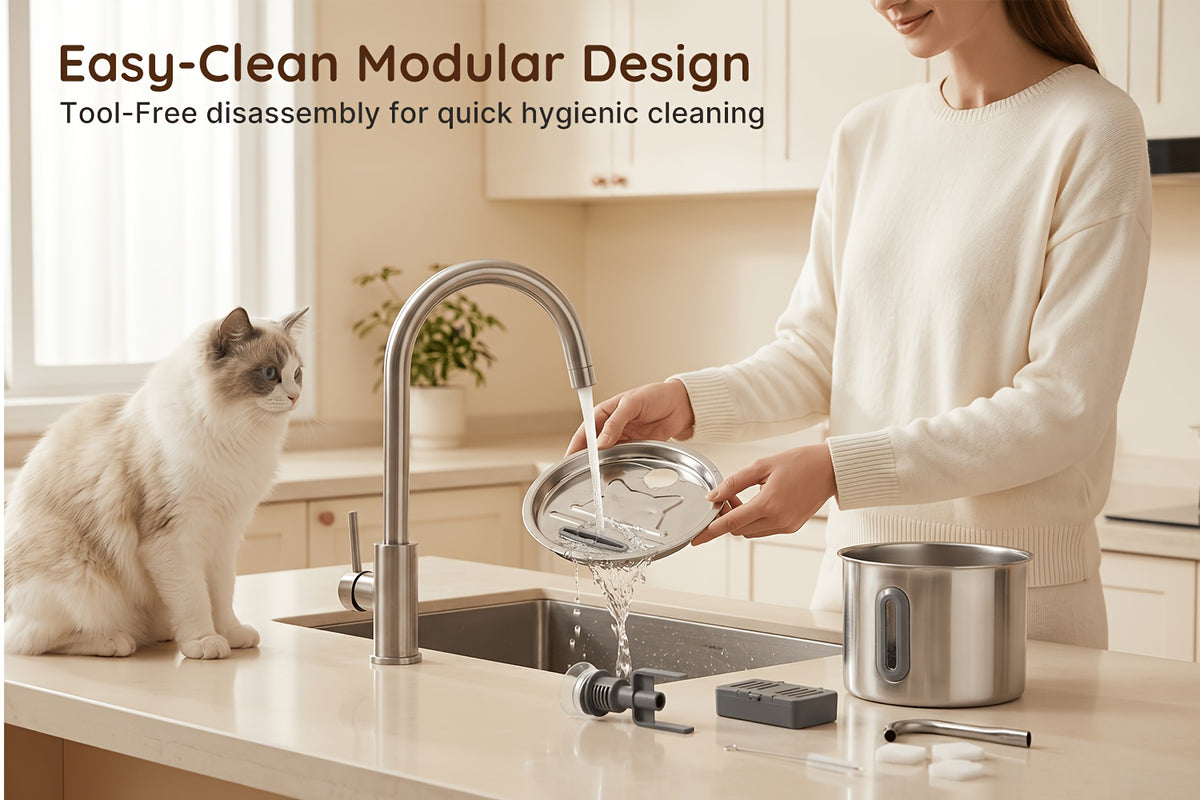 Cat Water Fountain with Filter and Sponge Bundles, 74oz 2.2L Stainless Steel Drinking Dispenser with Water Level Window for Indoor Cats and Small Dogs